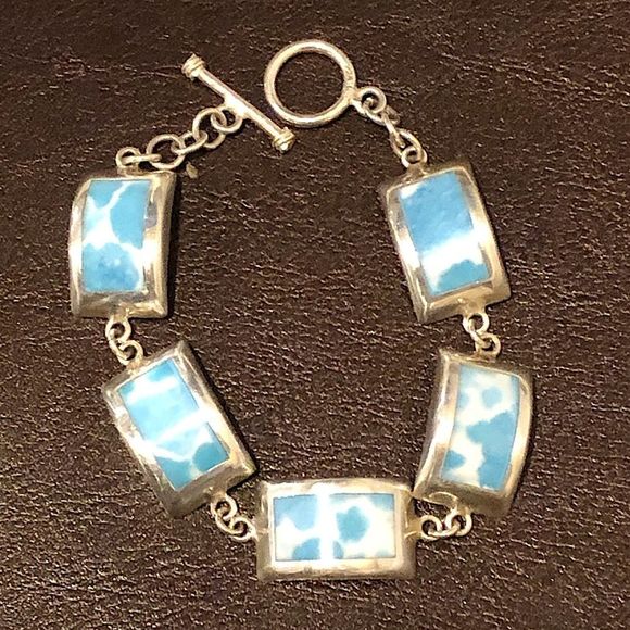 TAXCO Sterling Silver Larimar Cabochon Link Toggle Bracelet